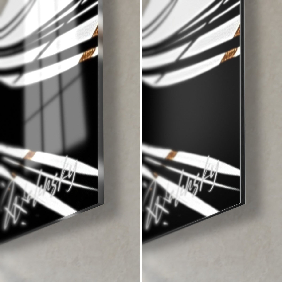 Gemälde Ronin im Profil, untere rechte Ecke: glänzendes Acrylglas links, mattes Dibond-Aluminium rechts, sattes Schwarz, 3 mm Kante