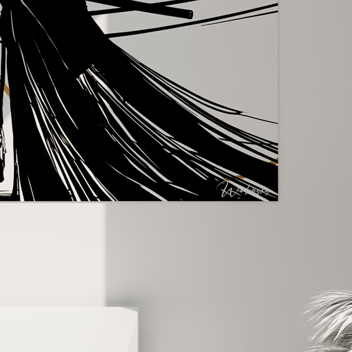 Détail des traits fins et du cercle orangé texturé du tableau Samouraï, contraste net entre noir et blanc