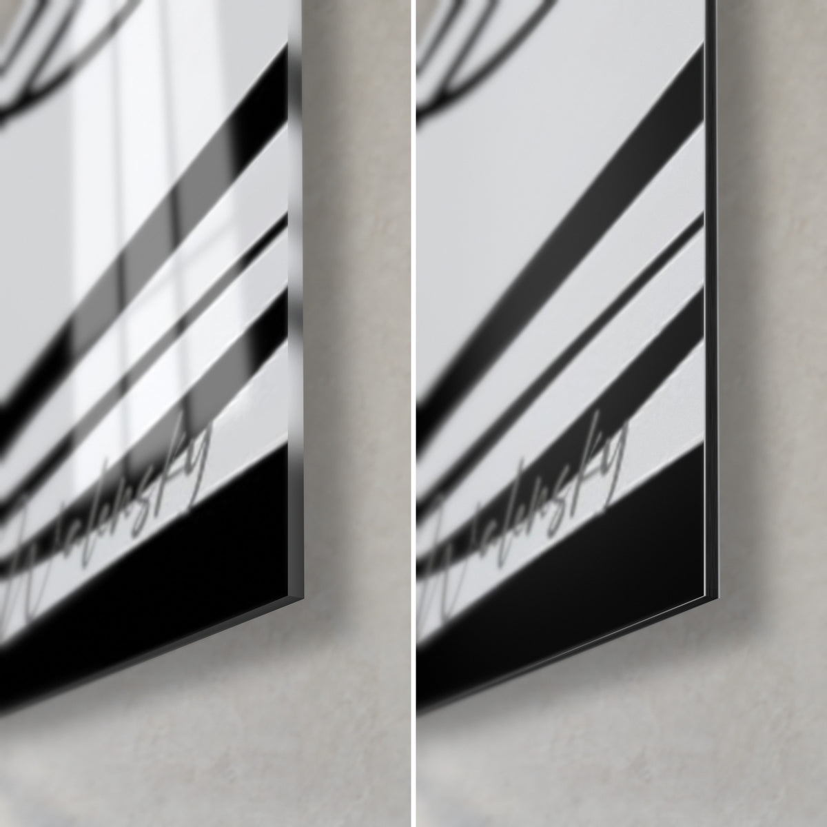Wall art of a stylised ronin in black ink on grey, bottom right corner: glossy acrylic glass on the left, matte brushed Dibond aluminium on the right