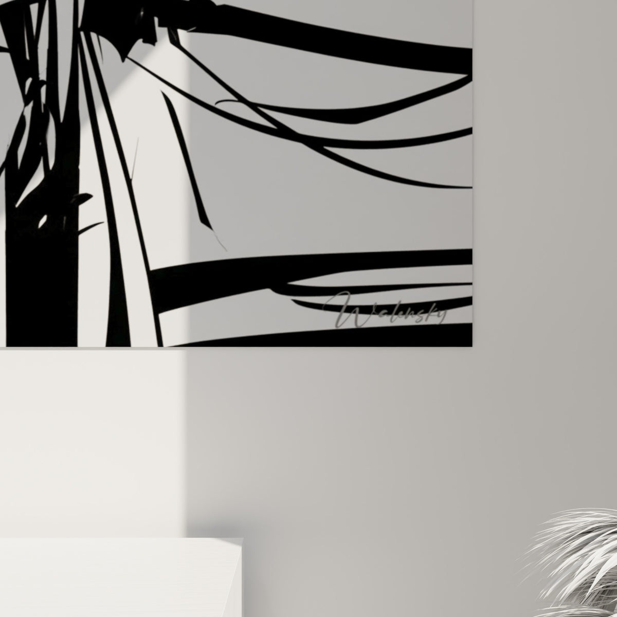 Détail du tableau Samouraï montrant les traits noirs acérés et le grain brillant de l'impression sur fond gris