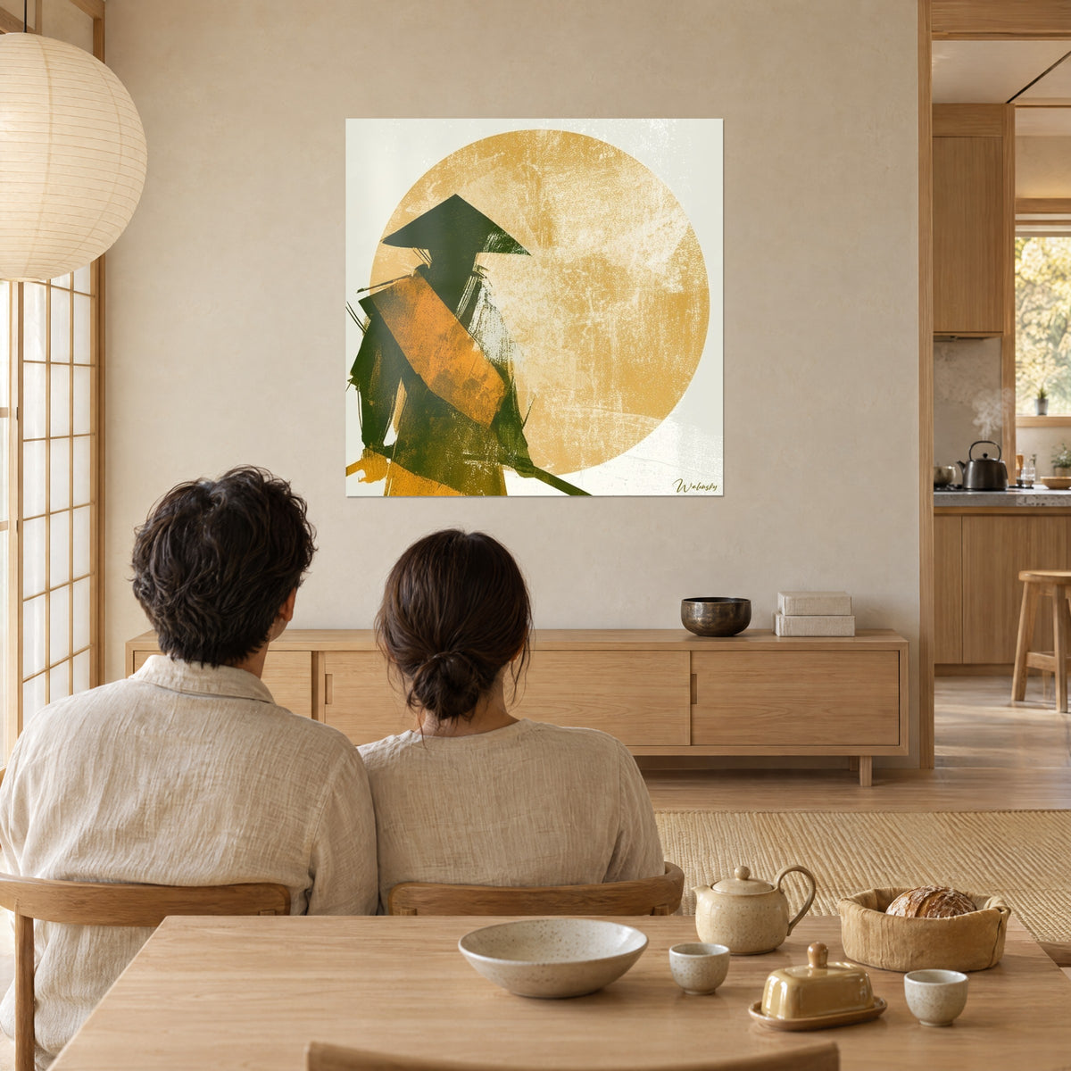 Tableau guerrier japonais d'encre verte et orangée devant un grand cercle jaune, admiré par deux personnes de dos à une table en bois
