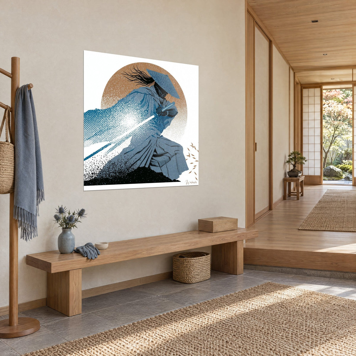 Wall art of a rōnin in a pale blue kimono slicing through the air, long white blade, ochre sun in a grid pattern, Japandi hallway, wooden bench