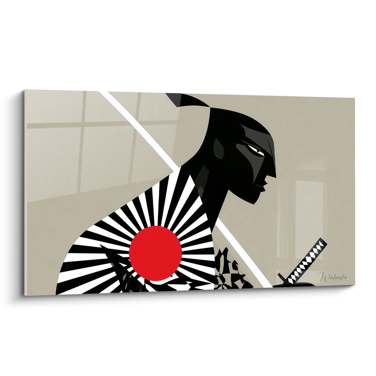 Samouraï au profil noir intense, disque rouge et rayons blancs sur fond beige clair