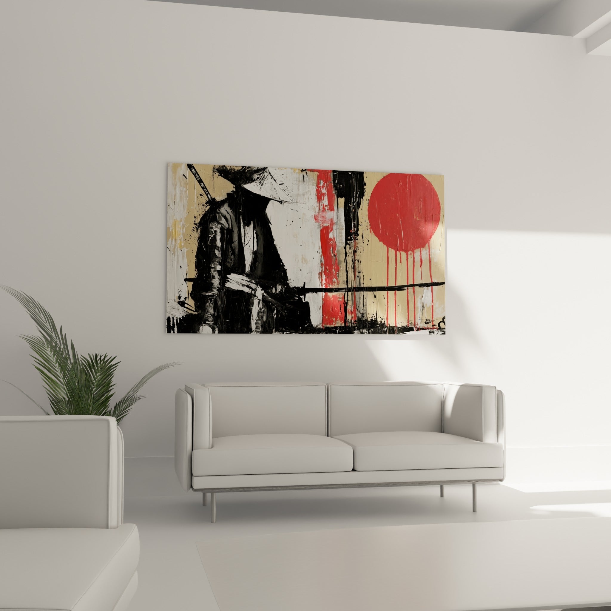 Silhouette de samouraï anthracite face au disque écarlate au-dessus d'un canapé dans un salon lumineux