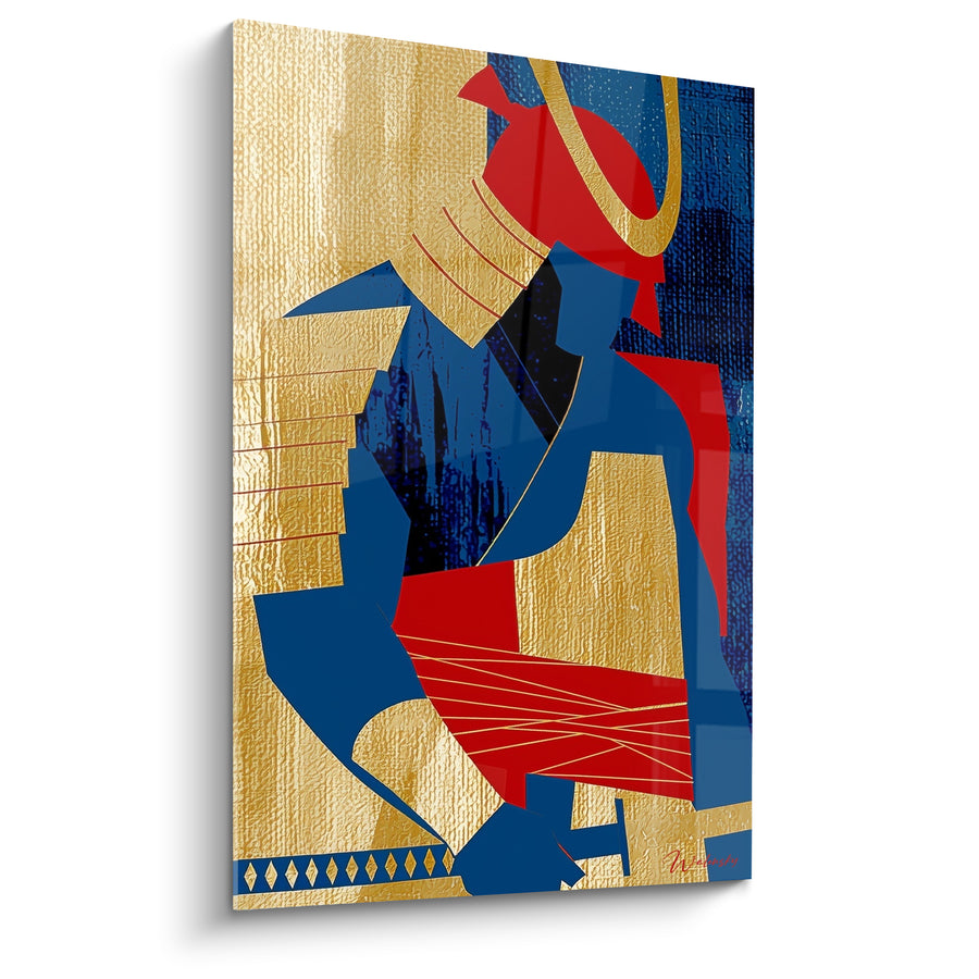 Tableau Guerrier doré et bleu aux fils écarlates tissés - Frise de losanges dorés - Edition Samouraï