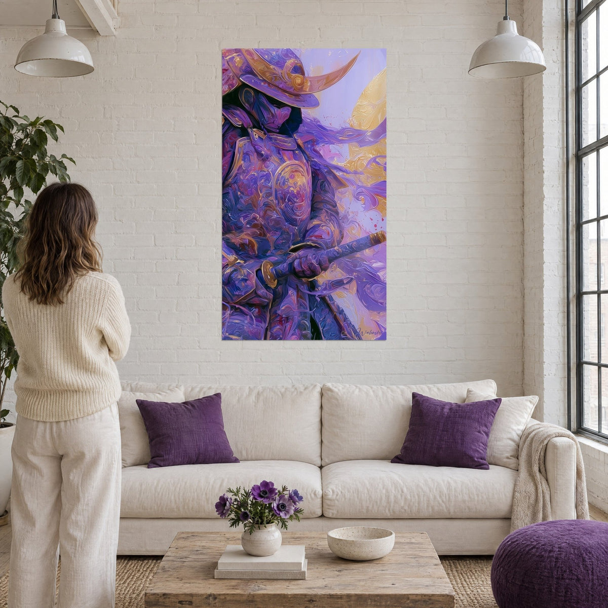 Wall art samurai in purple and gold armor, helmet with a curved horn, hand on the sheath, above a sofa in a bright living room