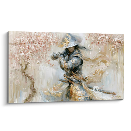 Samouraï au katana en armure dorée et anthracite, entouré de fleurs de cerisier roses et blanches