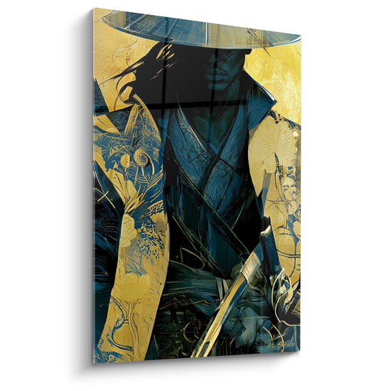 Tableau Guerrier chapeau conique doré et bleu manches fleuries - Kimono à motifs floraux - Edition Samouraï