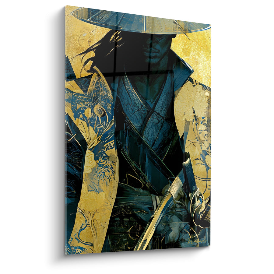 Tableau Guerrier chapeau conique doré et bleu manches fleuries - Kimono à motifs floraux - Edition Samouraï