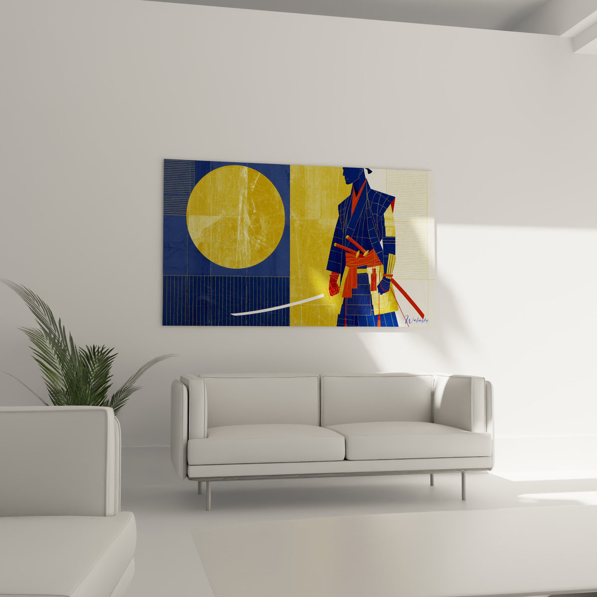 Silhouette de samouraï doré et bleu marine, geste figé avant le combat, au-dessus d'un canapé dans un salon lumineux