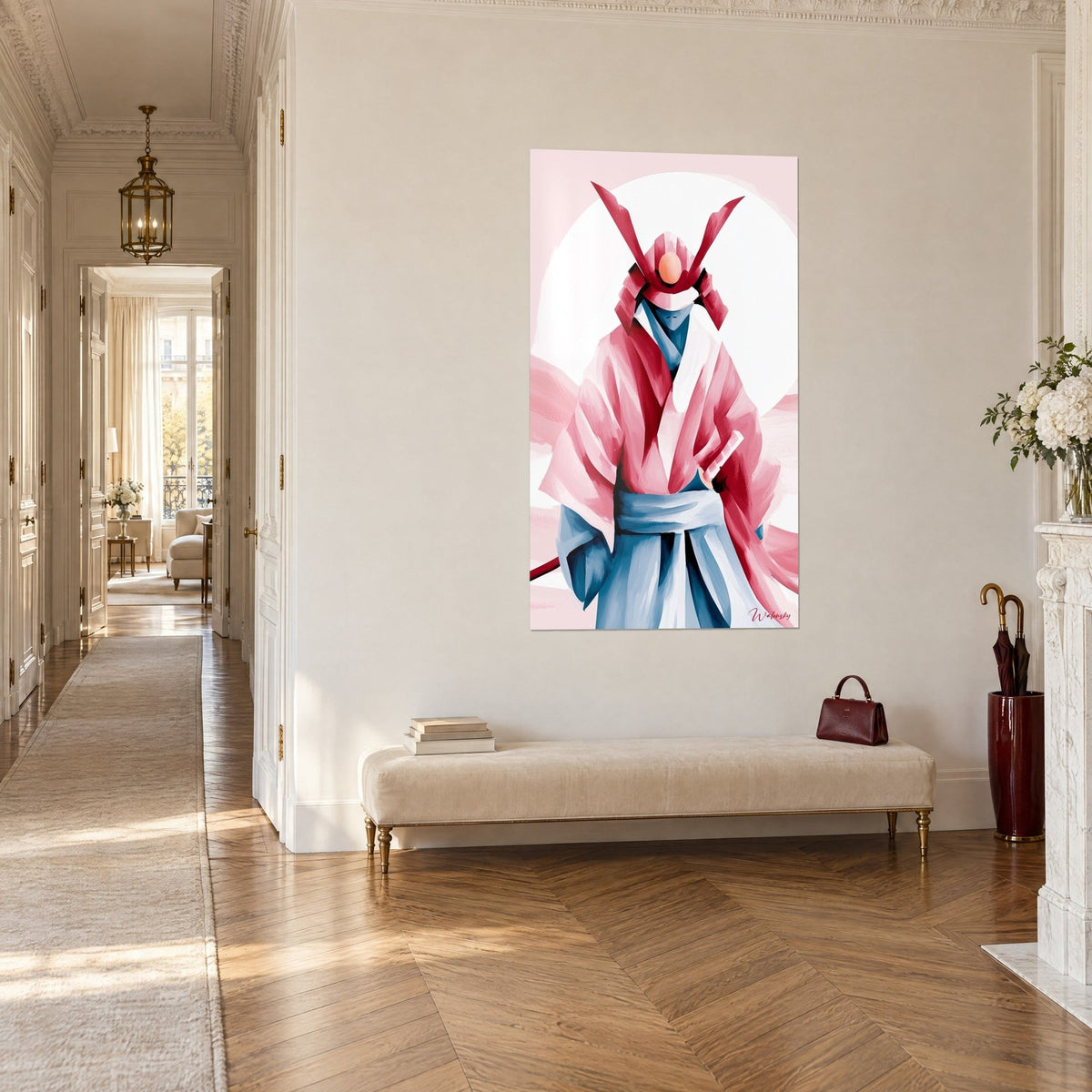 Wall art warrior in bright red armour and slate blue sash, sleeves draped in brushstrokes, three-quarter view in a Haussmann hallway
