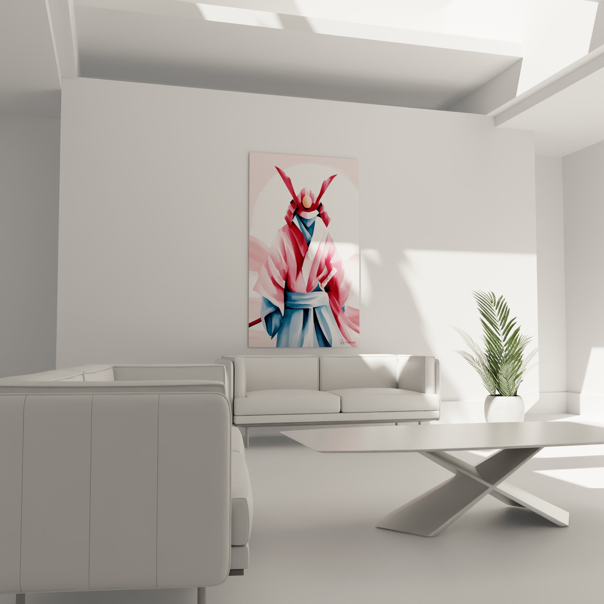 Silhouette de Samouraï drapée de rose et blanc, ceinture bleu-gris, au-dessus d'un canapé dans un salon lumineux
