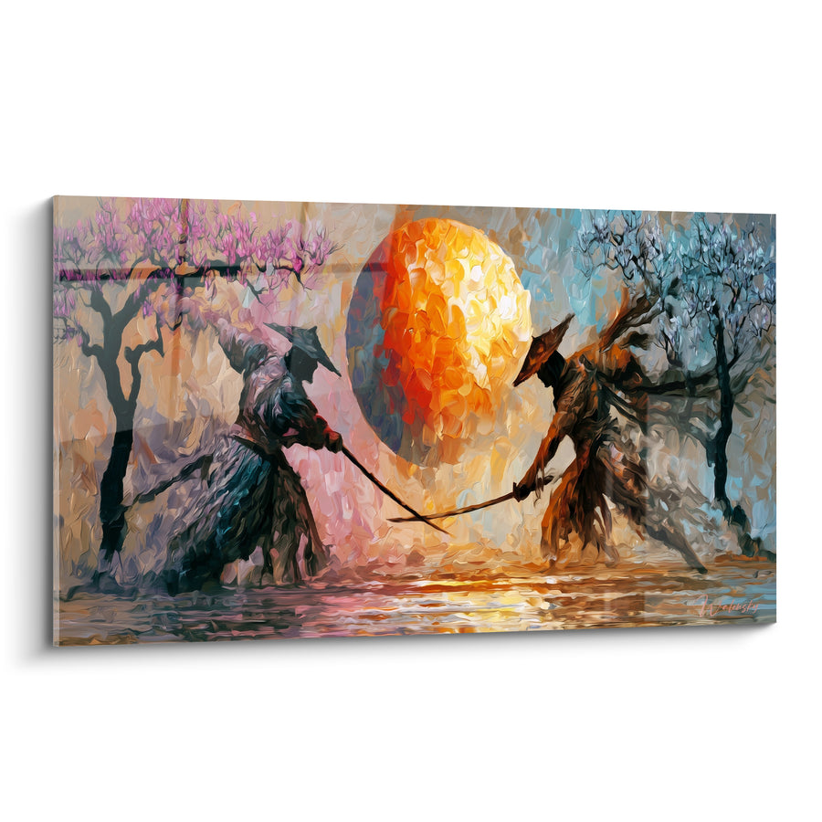 Tableau Duel gris et orangé sous grand disque solaire - Arbres roses et bleus - Edition Samouraï