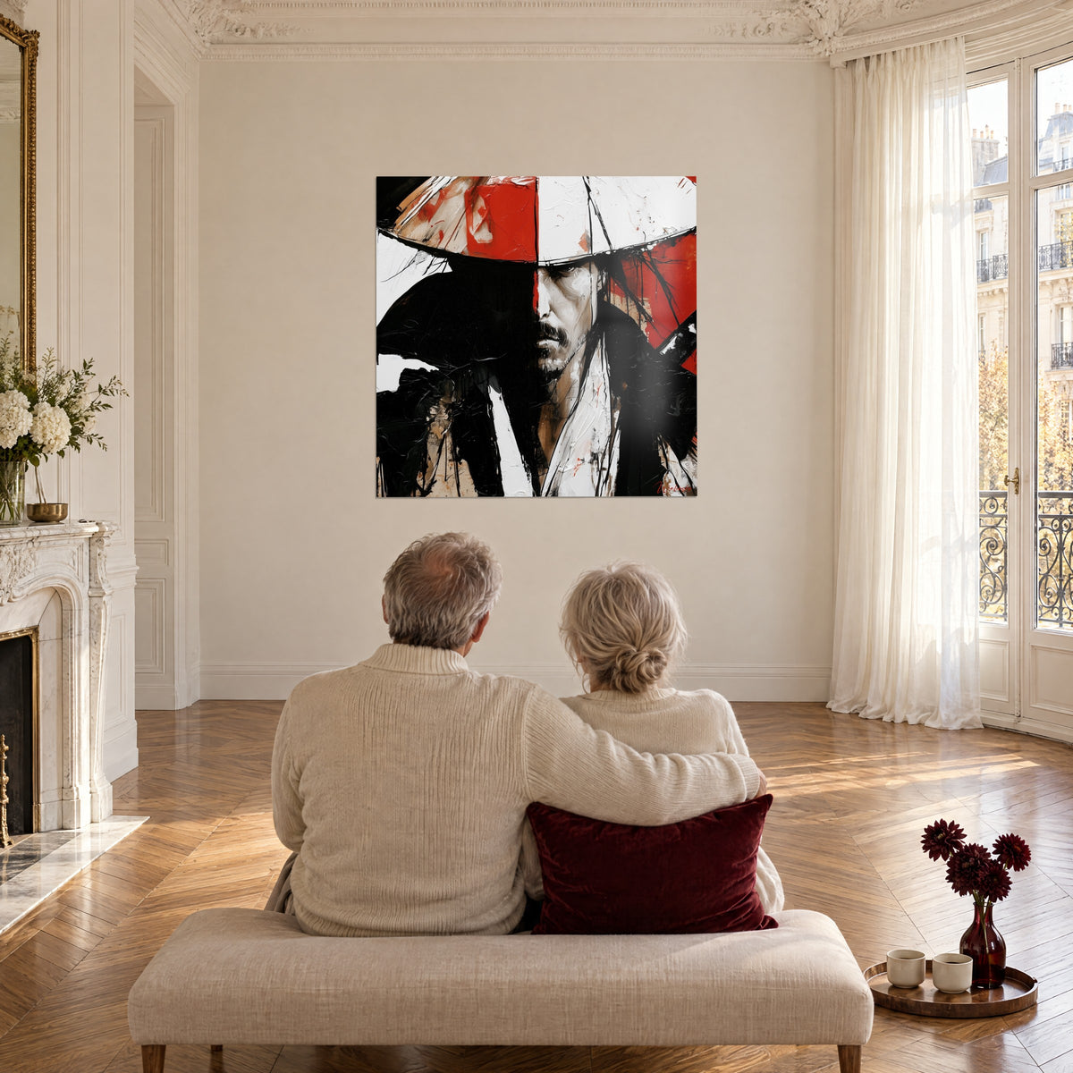Wall art of a duelist with a pale face half cut by shadow, wide red and white hat, black kimono, facing a couple seen from behind on a bench
