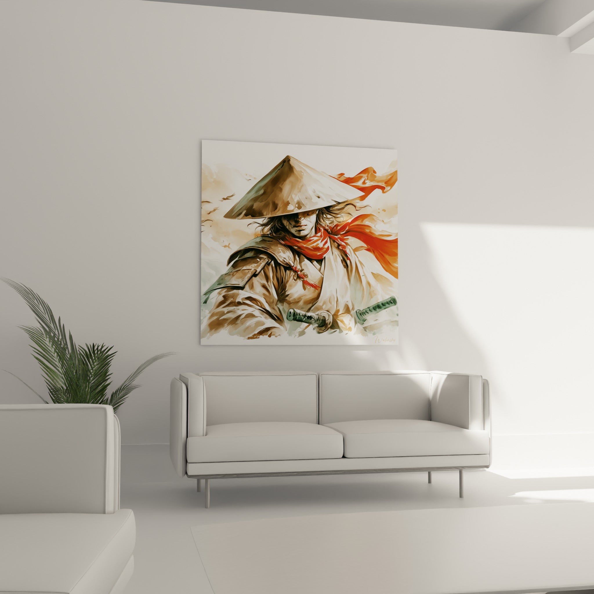 Silhouette du samouraï à l'écharpe rouge vif sur fond beige, œuvre suspendue au-dessus d'un canapé dans un salon lumineux