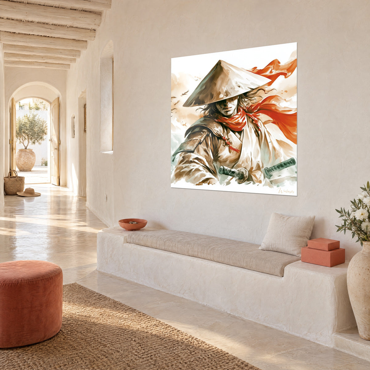 Wall art of a ronin with face in shadow, ochre and orange-red watercolor, shoulder-length hair in the wind, white wall in three-quarter view