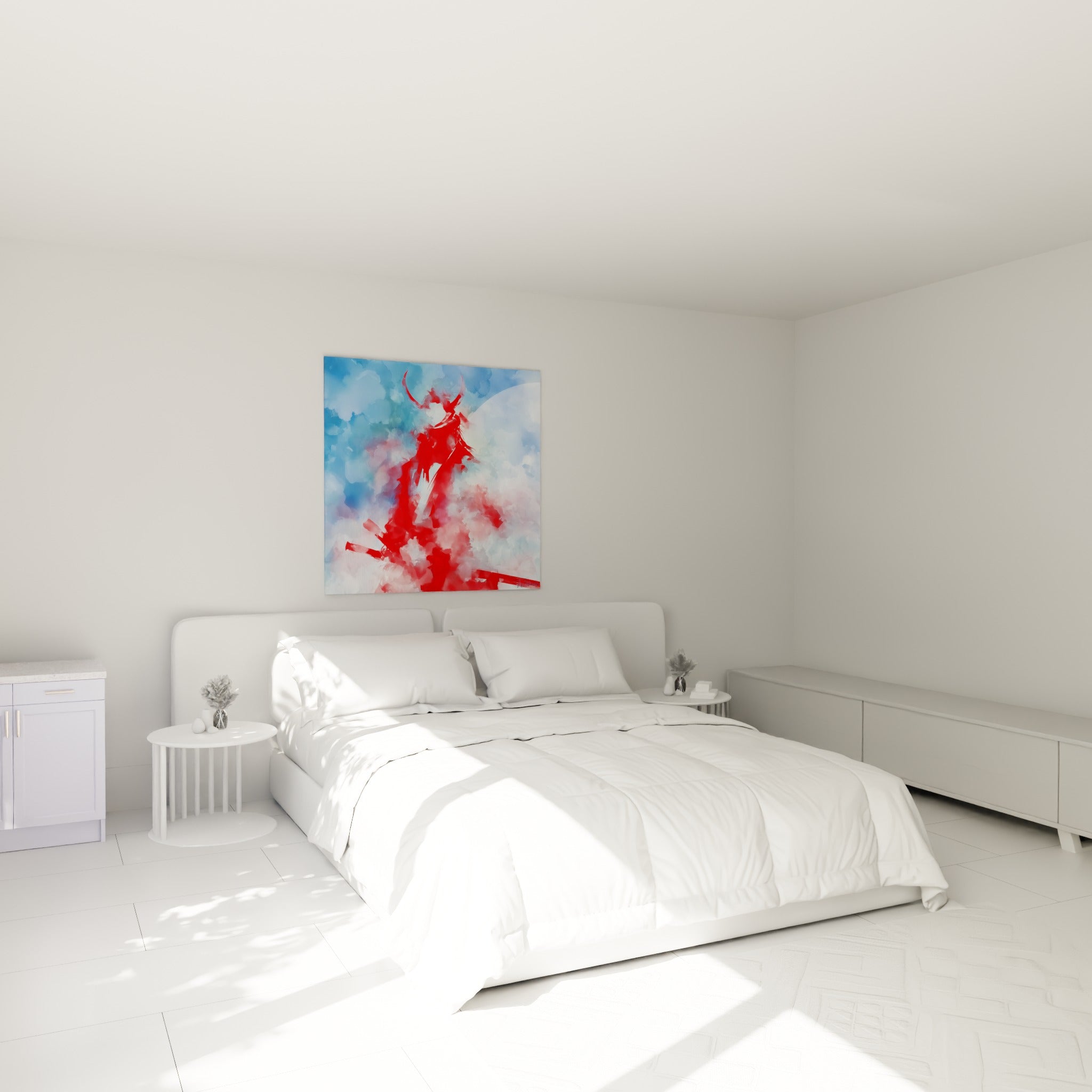 Guerrier samouraï rouge sang et fond bleu pastel accroché au-dessus d'un lit dans une chambre claire