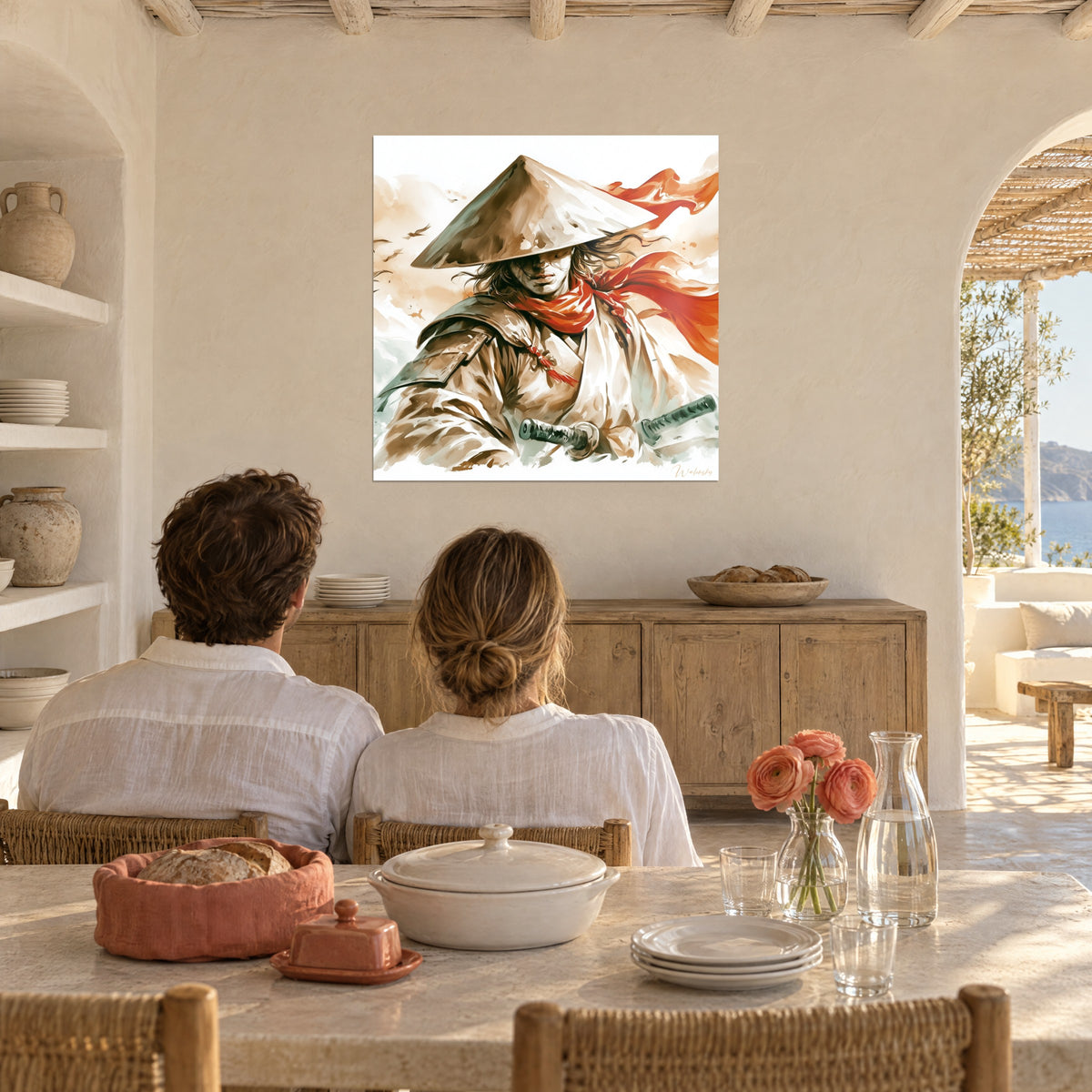 Wall art of a samurai portrait, brown shoulder guard, orange-red headscarf, ochre and grey-green wash, white wall of a dining room