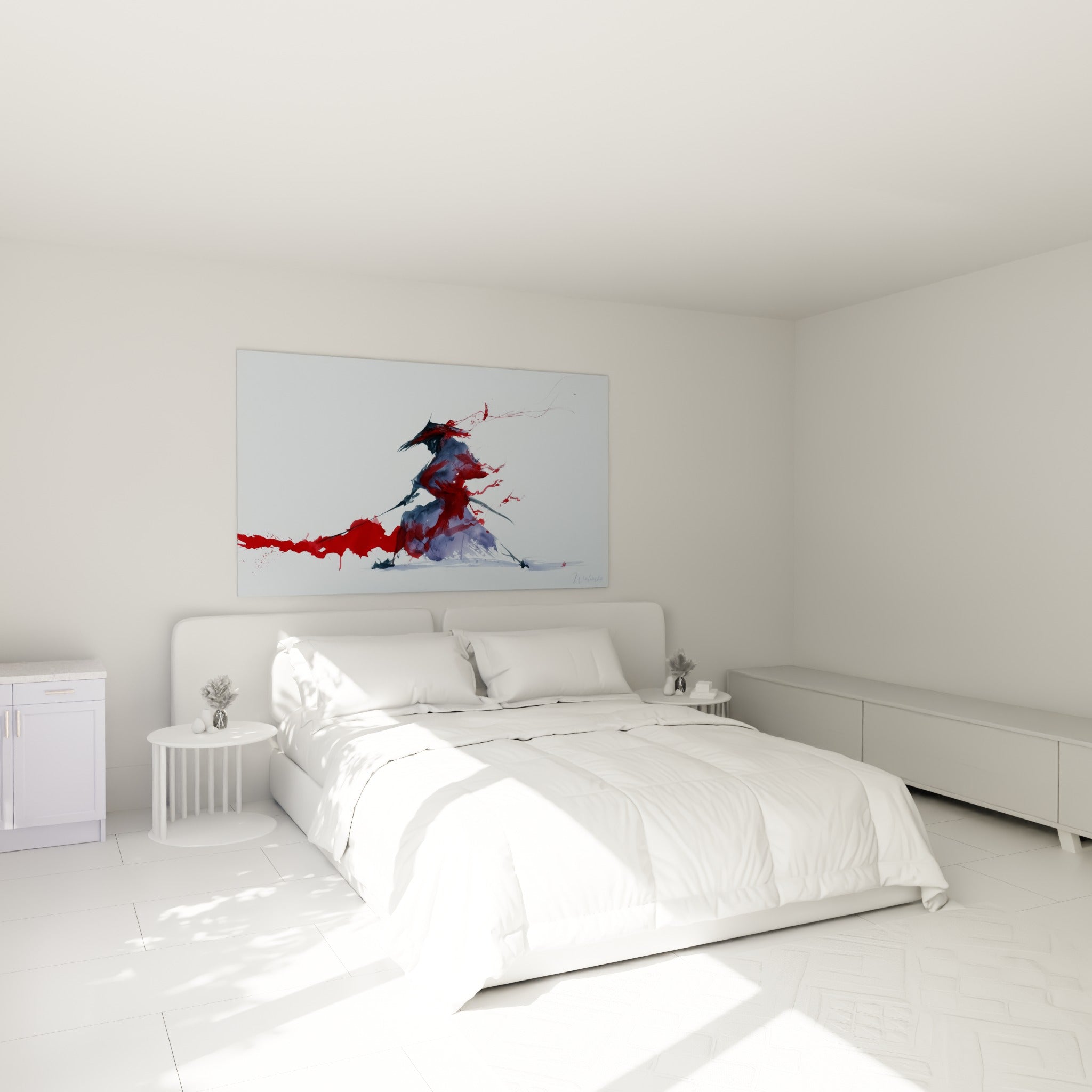 Guerrier Samouraï gris ardoise et rouge sang accroché au-dessus d'un lit dans une chambre claire