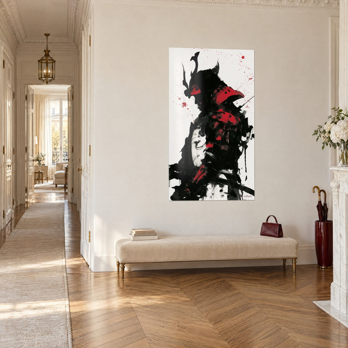 Wall art of a warrior in ink in profile, black helmet and scarlet breastplate splashed with red drops, in a Haussmann-style hallway