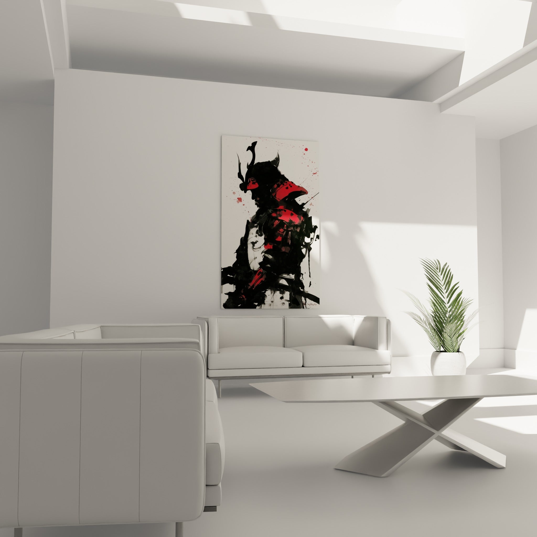 Silhouette du samouraï en encre noire éclaboussée de rouge, accrochée au-dessus d'un canapé dans un salon lumineux.