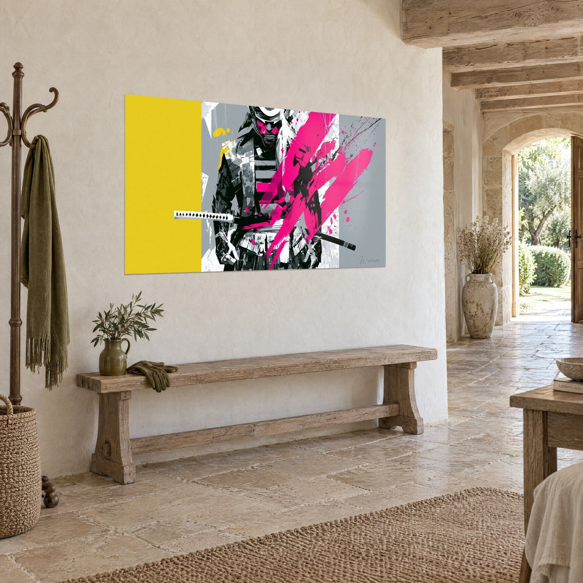 Wall art helmeted warrior with fuchsia brushstrokes on gray background, yellow stripe on the left, on a rendered wall of a country house