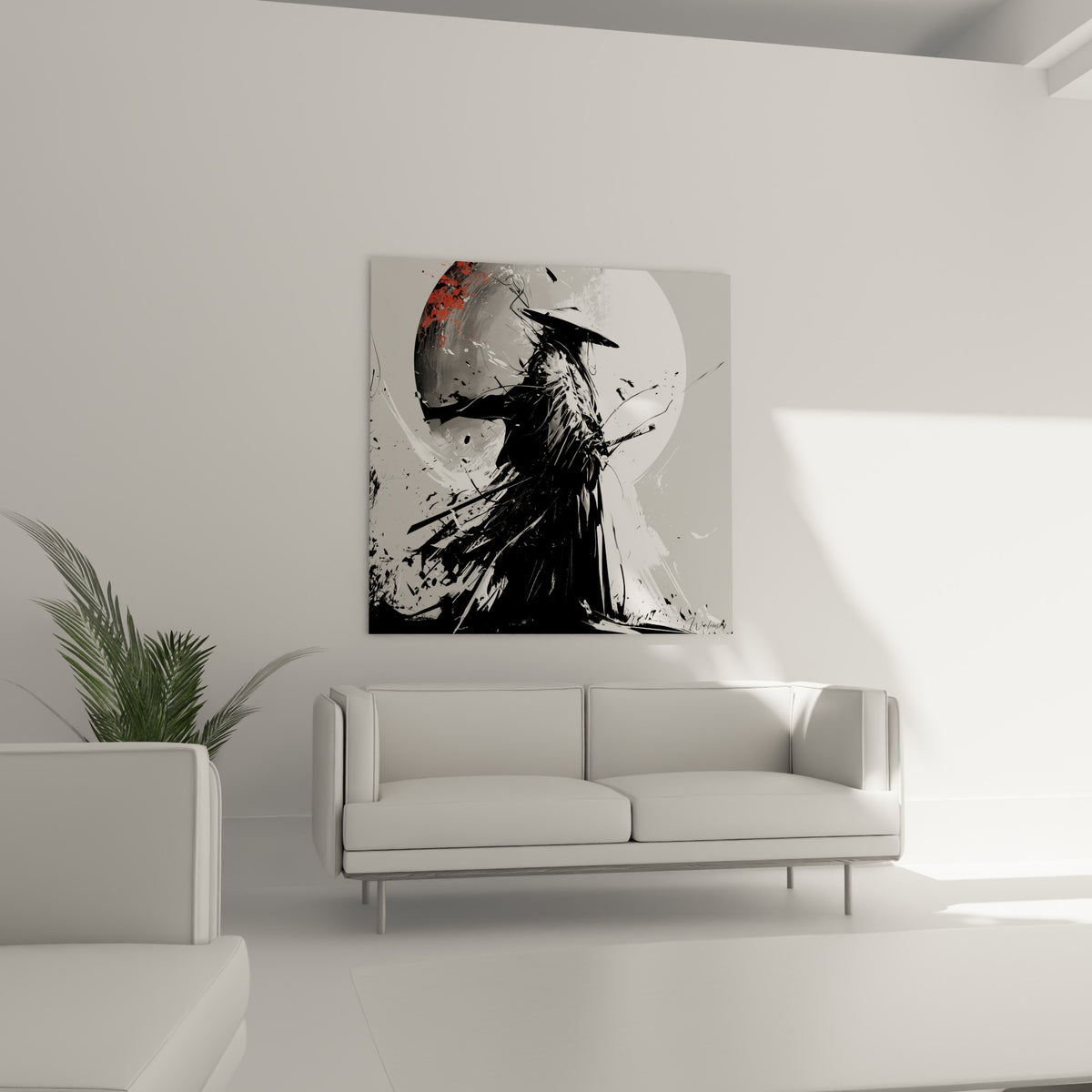 Silhouette de samouraï noire aux touches terracotta placée au-dessus d'un canapé dans un salon lumineux