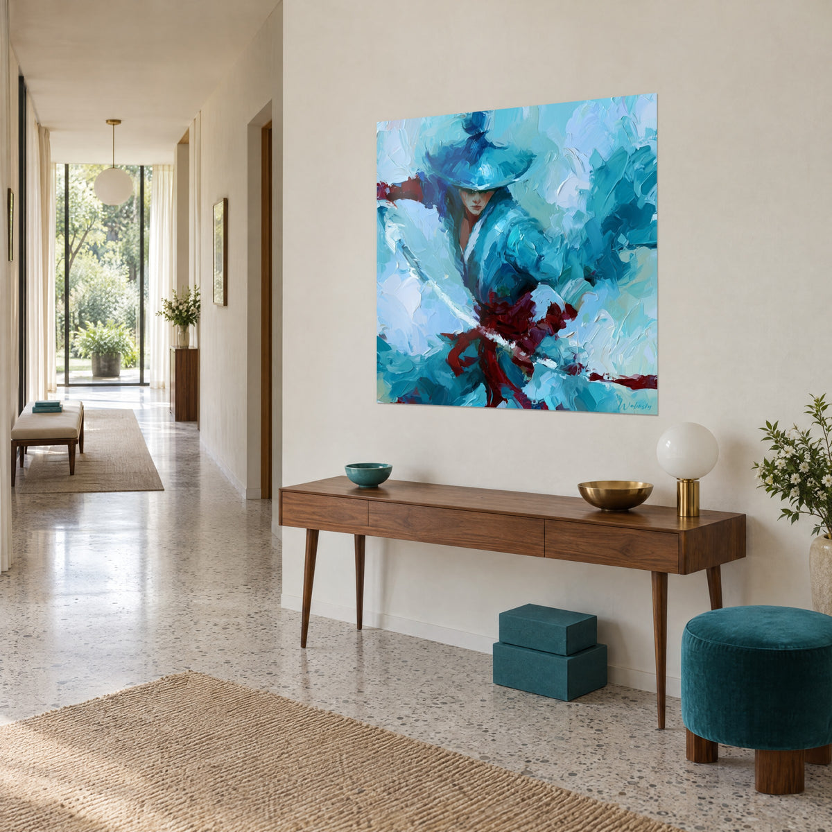 Wall art of a samurai in a turquoise kimono, face in the shadow of the hat, glacier blue and red thick brushstrokes, in a bright hallway