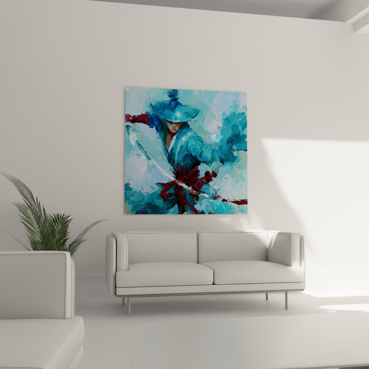 Guerrier samouraï turquoise et bordeaux, geste au couteau à palette, au-dessus d'un canapé dans un salon lumineux