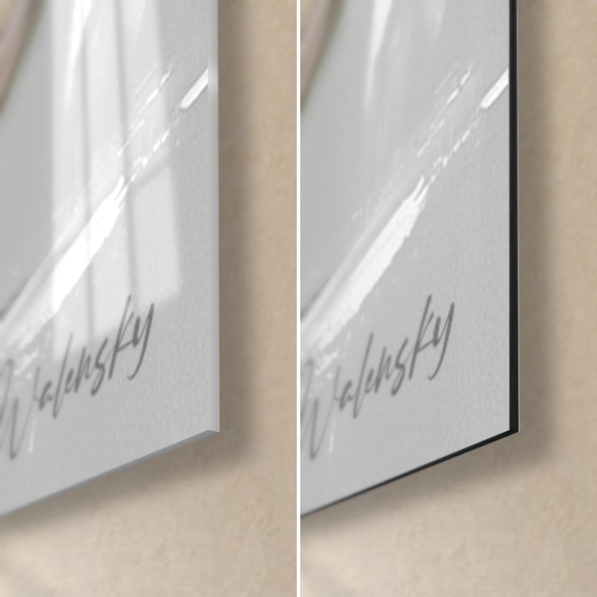 Tableau bretteurs peints en gris et or, coin bas droit en verre acrylique brillant et en alu Dibond mat, tranche de 3 mm