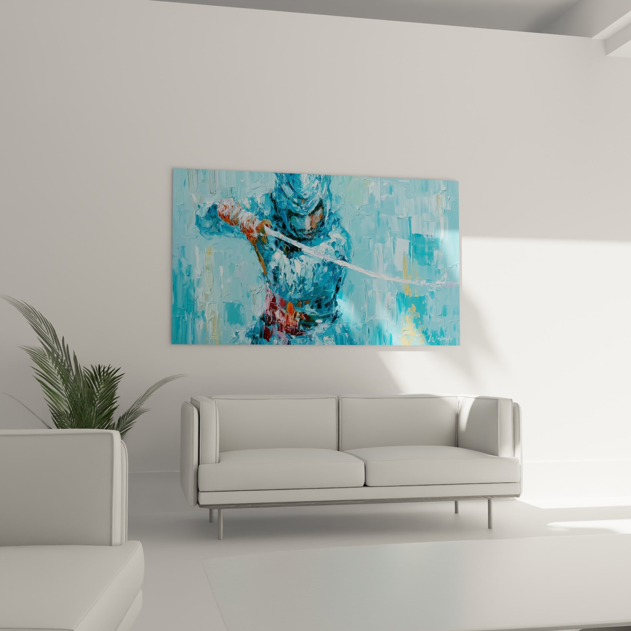 Samouraï anthracite et bleu glacier, geste figé, au-dessus d'un canapé dans un salon lumineux