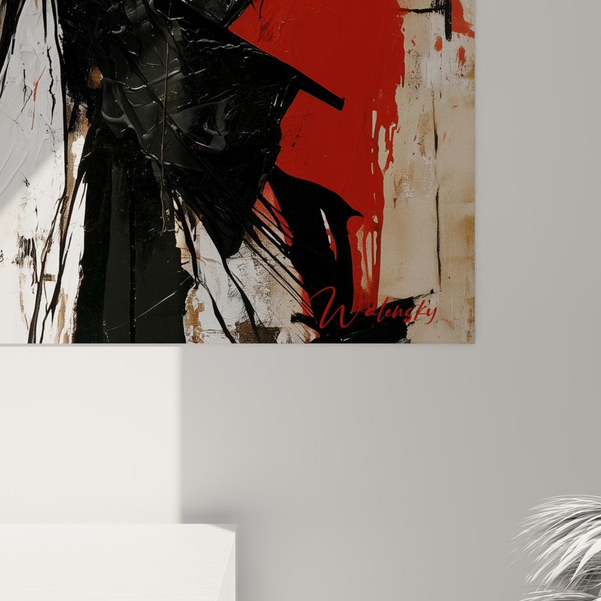 Empâtements épais de peinture blanche et rouge vermillon se mêlant sur le visage sculptural du samouraï