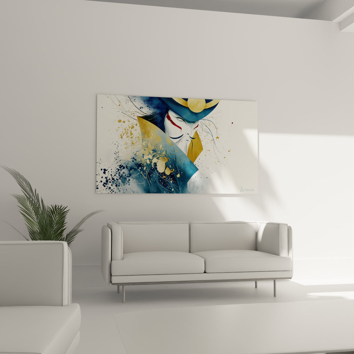 Portrait de samouraï à l'encre bleu marine et dorée, tableau au-dessus d'un canapé dans un salon lumineux