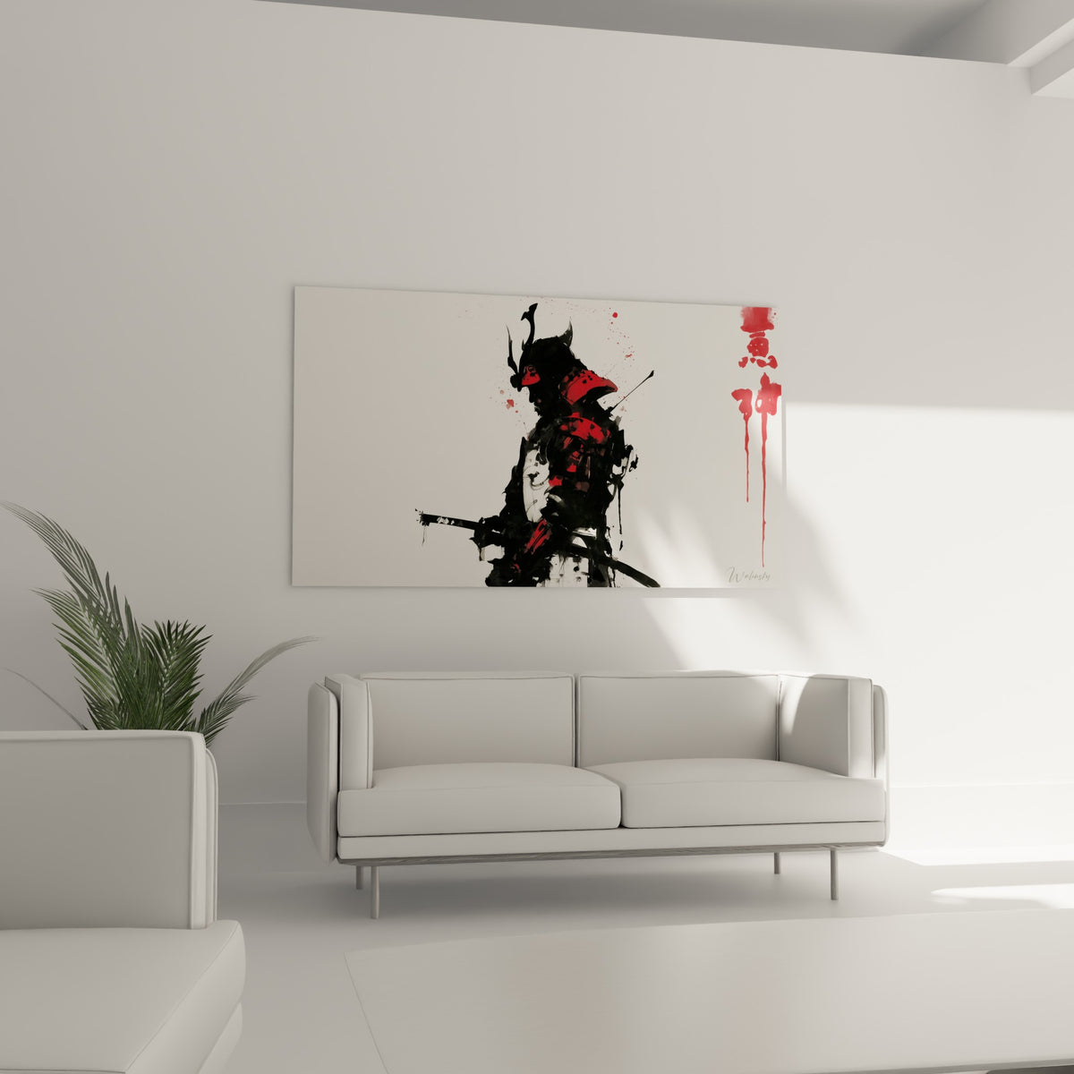 Silhouette du Samouraï en encre noire striée de rouge vif, au-dessus d'un canapé dans un salon lumineux