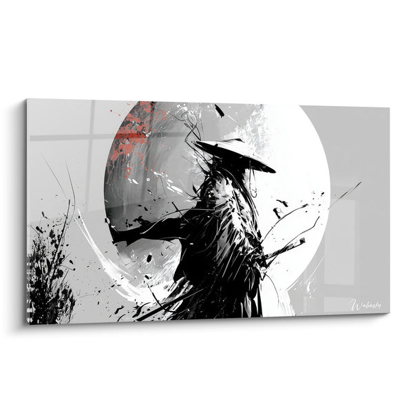 Tableau Guerrier noir et blanc au chapeau conique éclaboussé - Lune blanche cerclée - Edition Samouraï