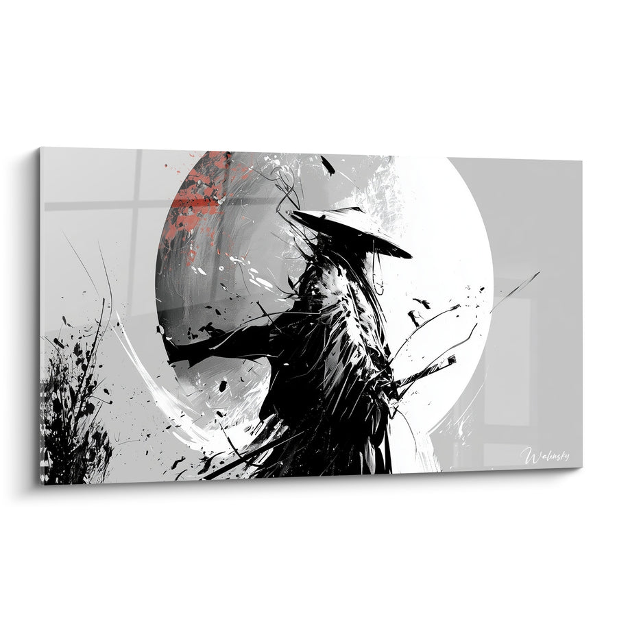 Tableau Guerrier noir et blanc au chapeau conique éclaboussé - Lune blanche cerclée - Edition Samouraï