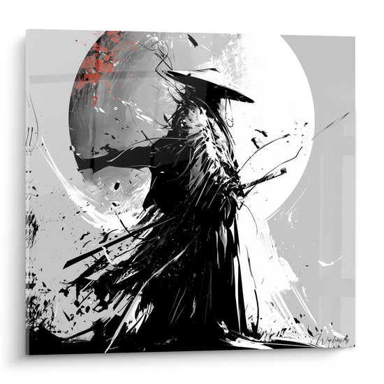 Samouraï en encre noire, chapeau conique, silhouette découpée sur une lune blanche éclatante
