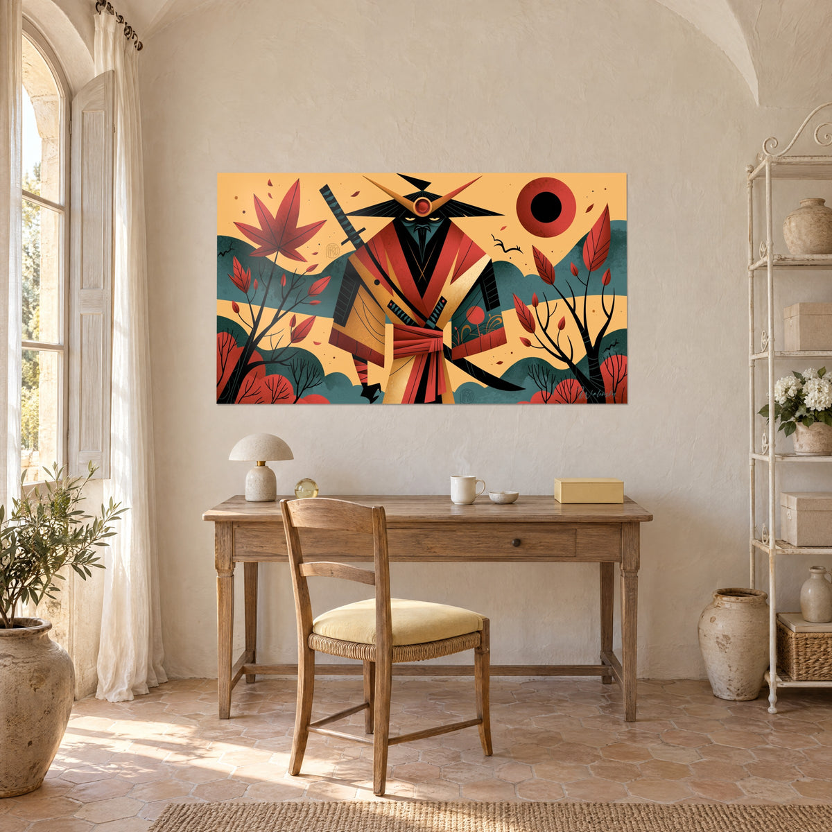 Wall art of a stylized Japanese fighter, red, ochre and black kimono on duck-blue background, above a light wood desk
