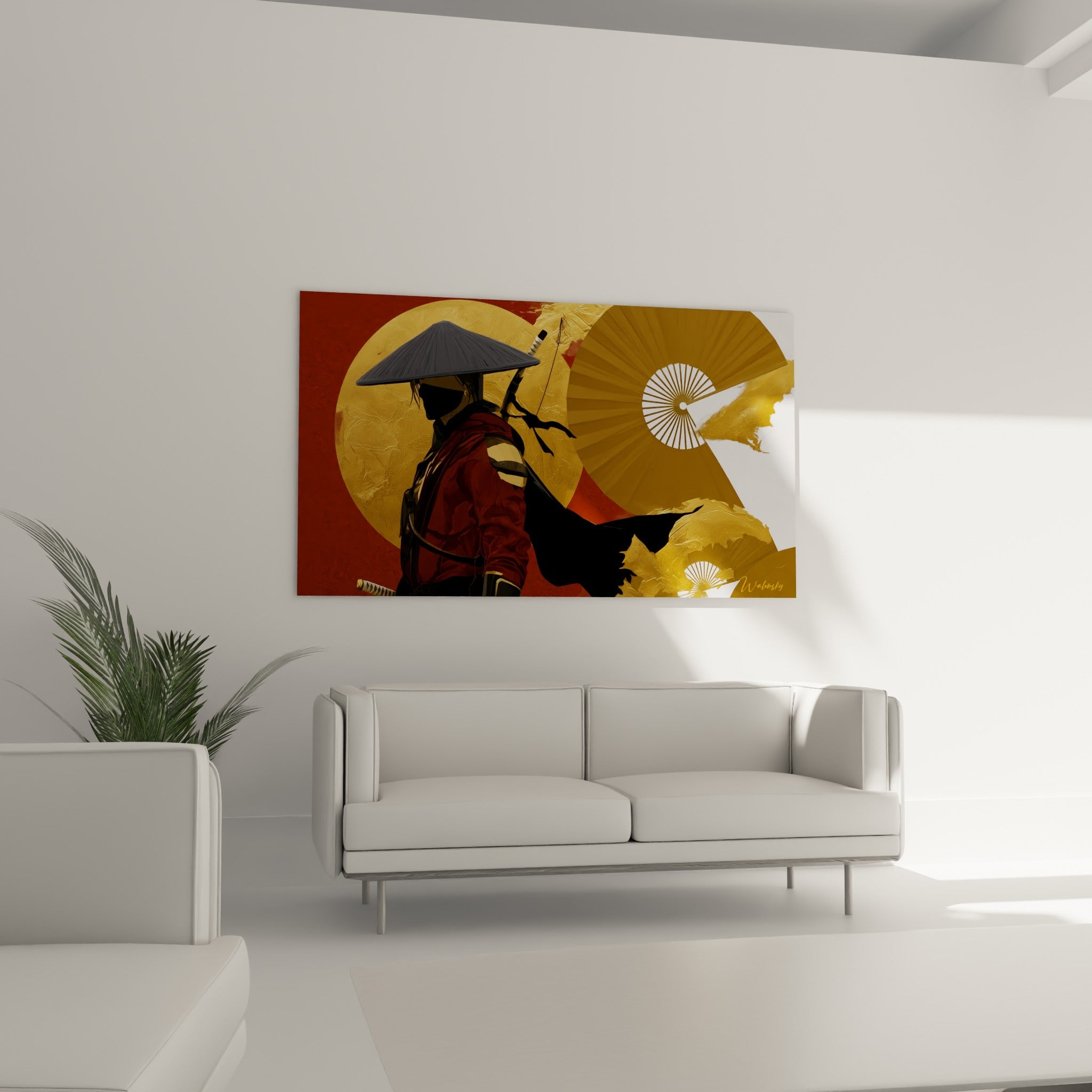 Samouraï silhouette sombre sur disque doré et éventail ocre, au-dessus d'un canapé dans un salon lumineux