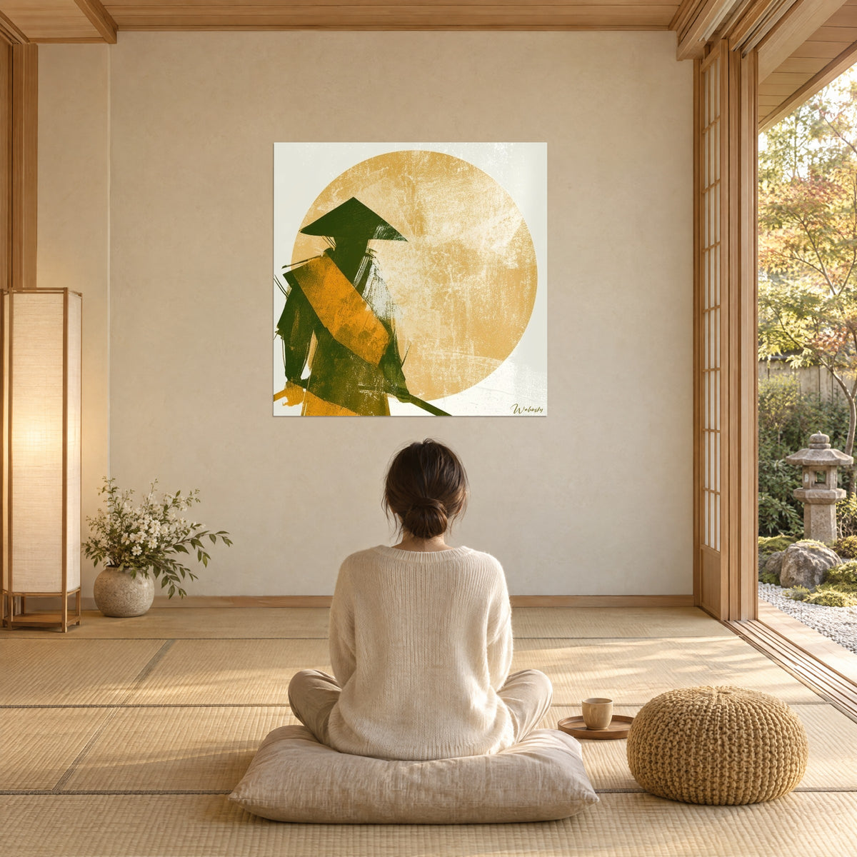 Tableau combattant au katana, aplats vert foncé et jaune miel sous un astre rond, contemplé par une femme de dos assise sur un coussin, maison japandi