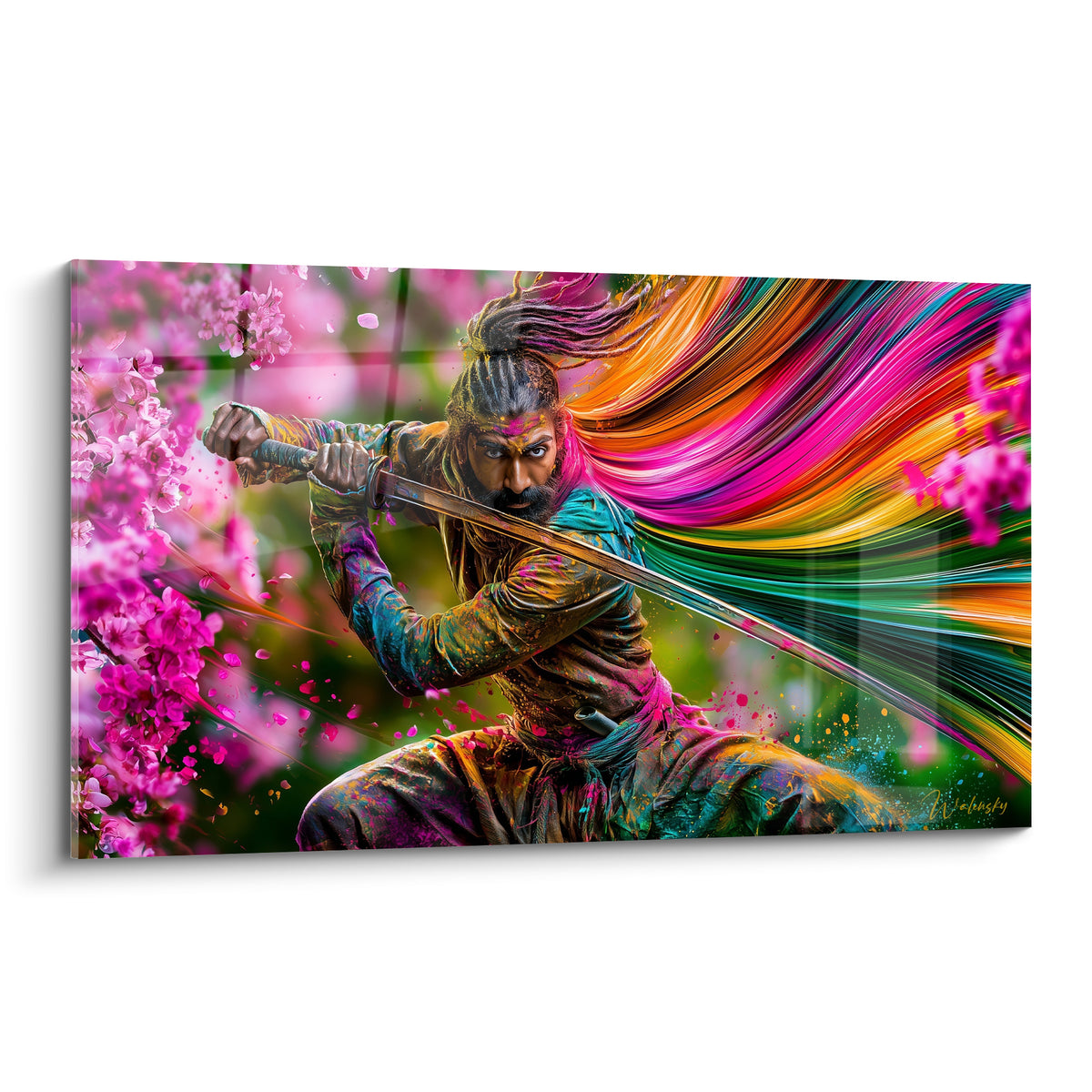 Samouraï au sabre dégainé, chevelure turquoise et fuchsia, fleurs de cerisier roses en fond
