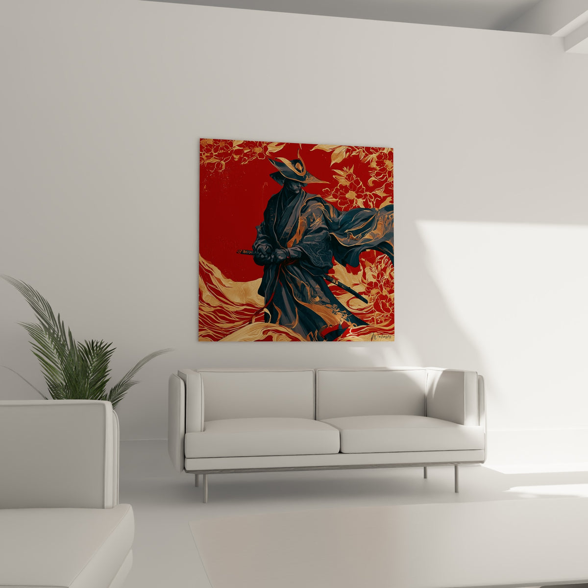 Personnage samouraï anthracite et doré déployant son manteau au-dessus d'un canapé dans un salon lumineux