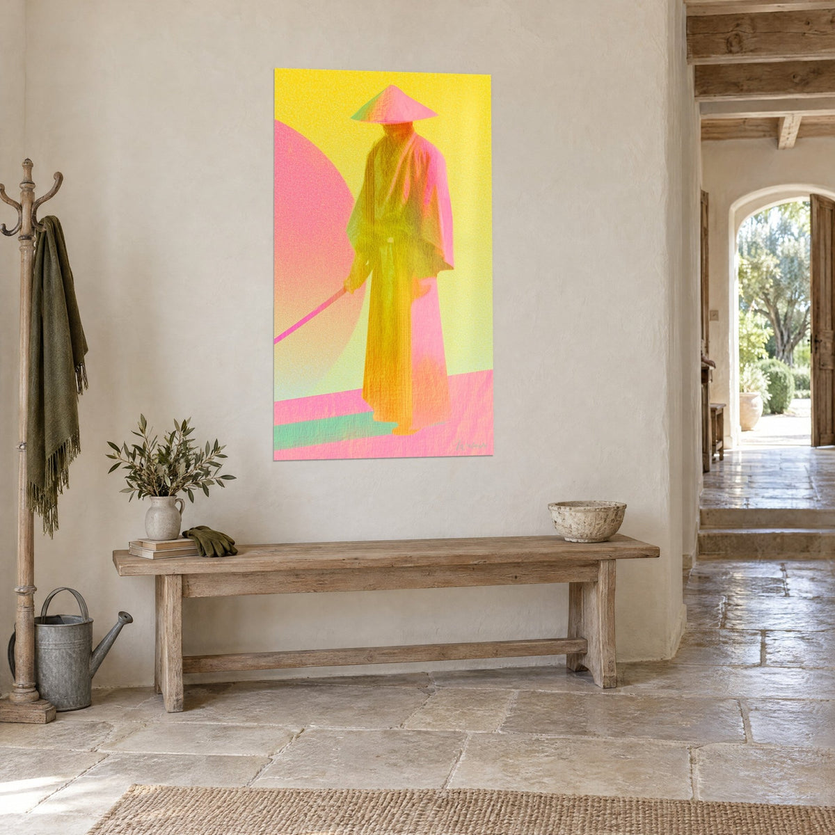 Wall art warrior in an ochre-gold kimono, long pink sword trailing, pink sun in the background, three-quarter view, stone entrance