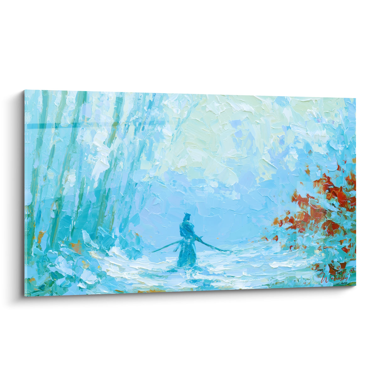 Samouraï avançant seul, silhouette bleue dans une forêt turquoise aux touches orangées