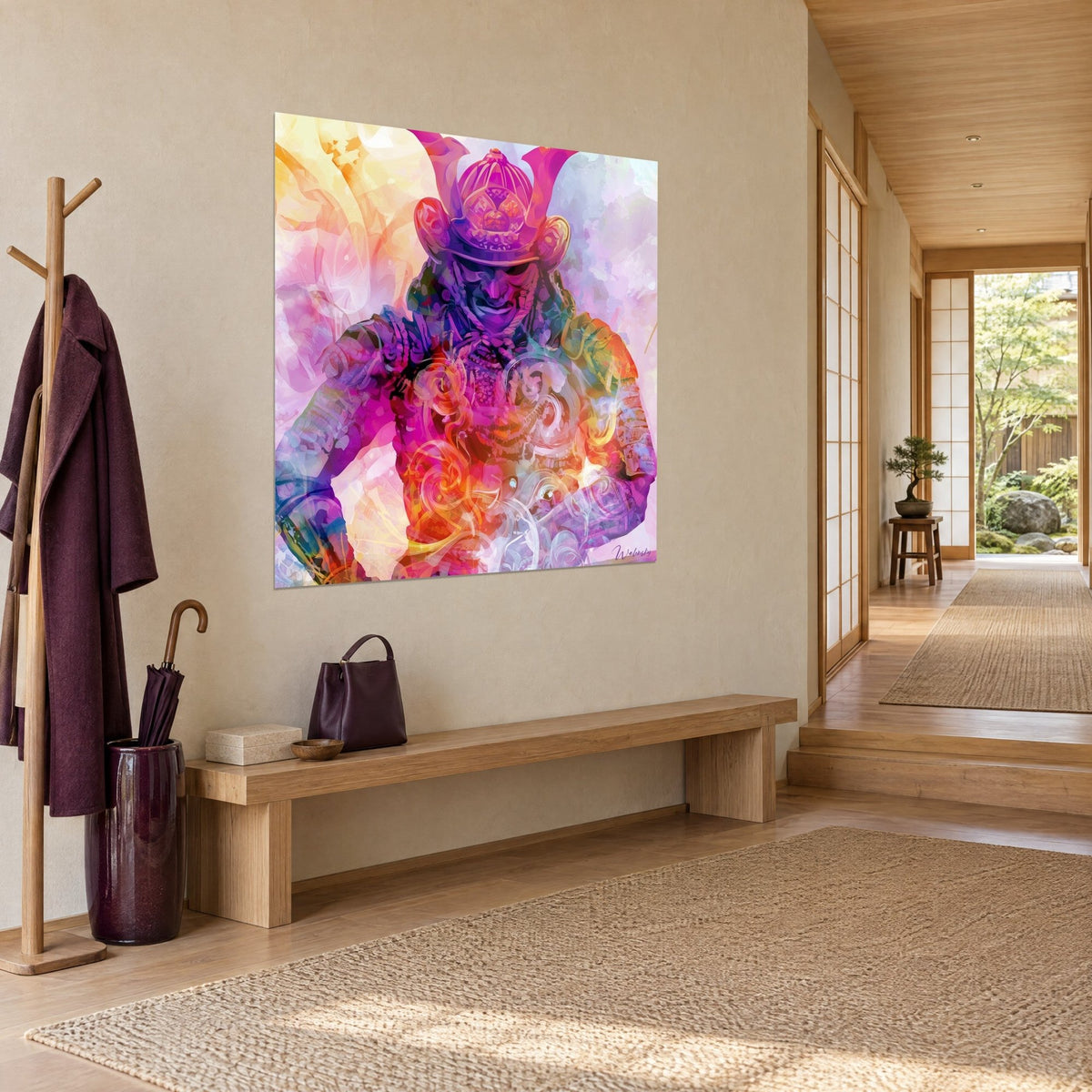 Schilderij van een samurai met helm en gouden en roze wervelende nevels, paars harnas, driekwart zicht op een beige entreemuur