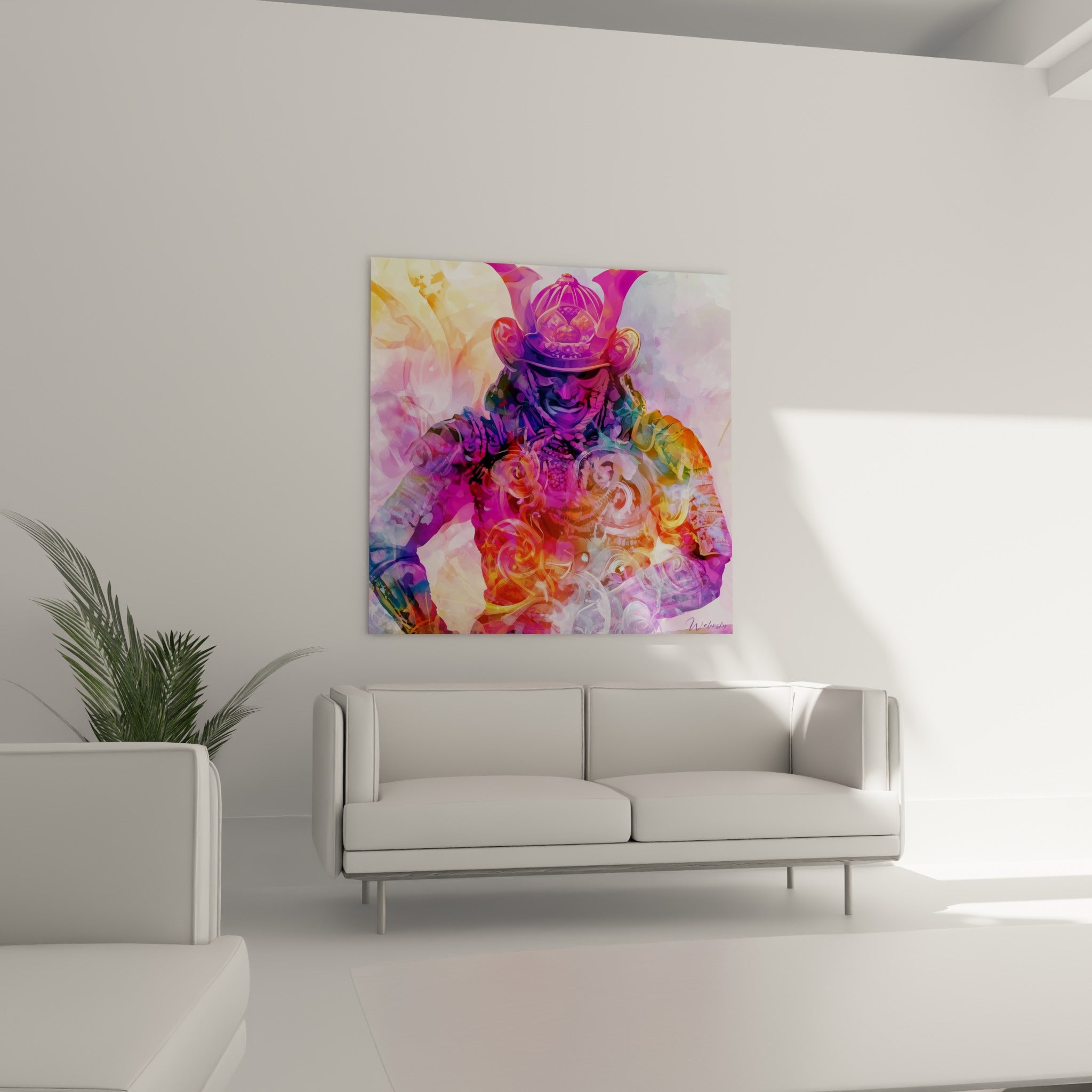Silhouette du samouraï fuchsia et bleu pastel, casque à cornes dorées, au-dessus d'un canapé dans un salon lumineux