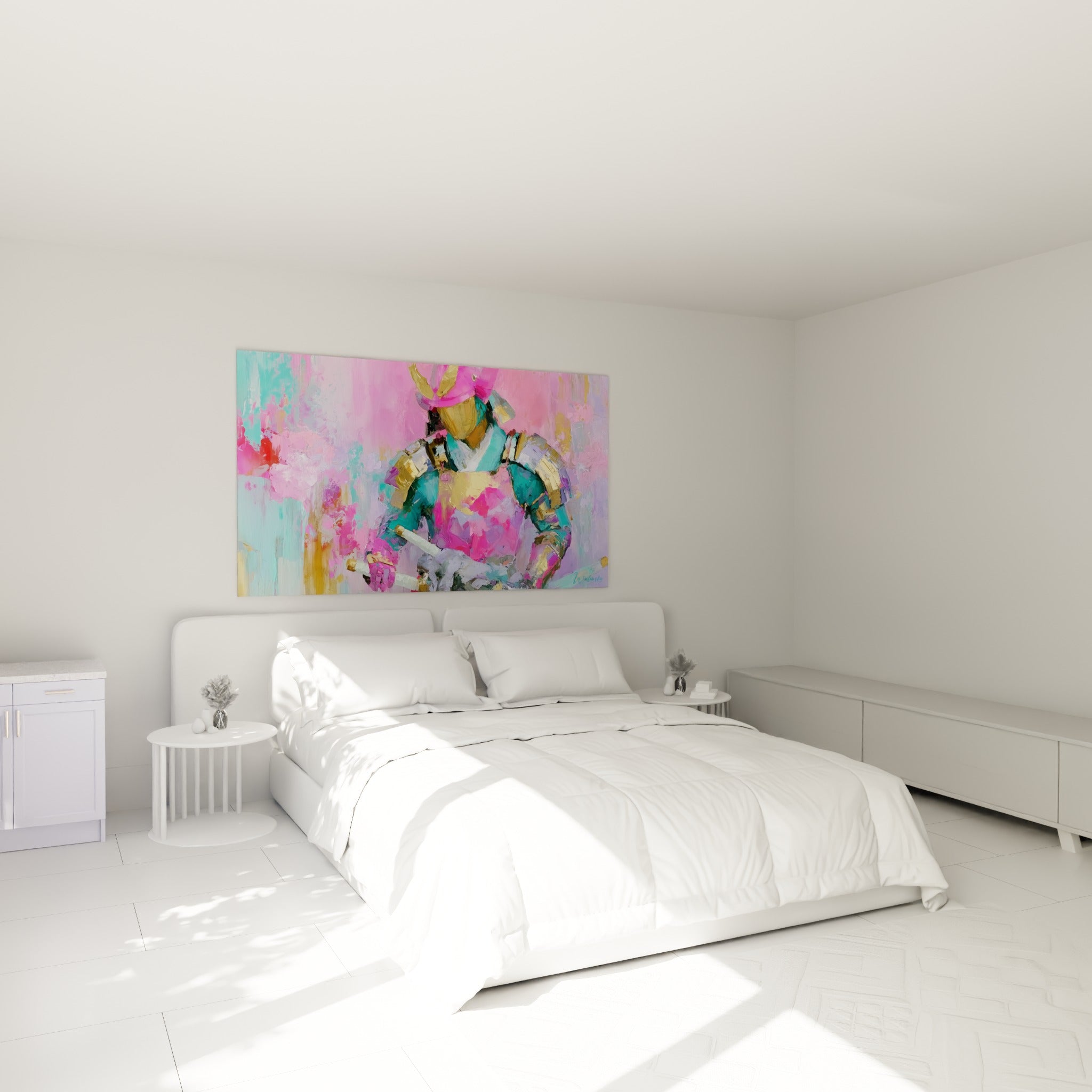 Guerrier Samouraï fuchsia et or, katanas à la ceinture, au-dessus d'un lit dans une chambre claire