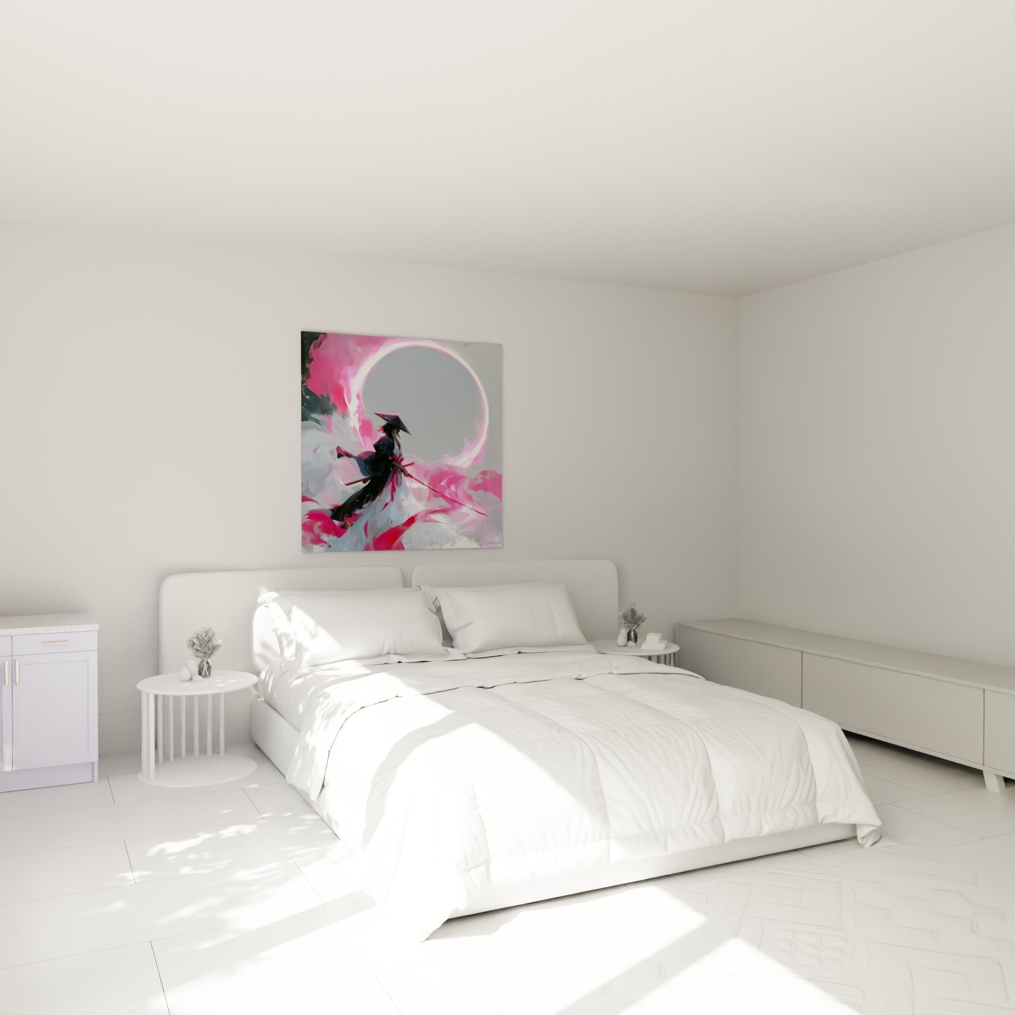 Guerrier samouraï enveloppé de fumée rose et grise, au-dessus d'un lit dans une chambre claire