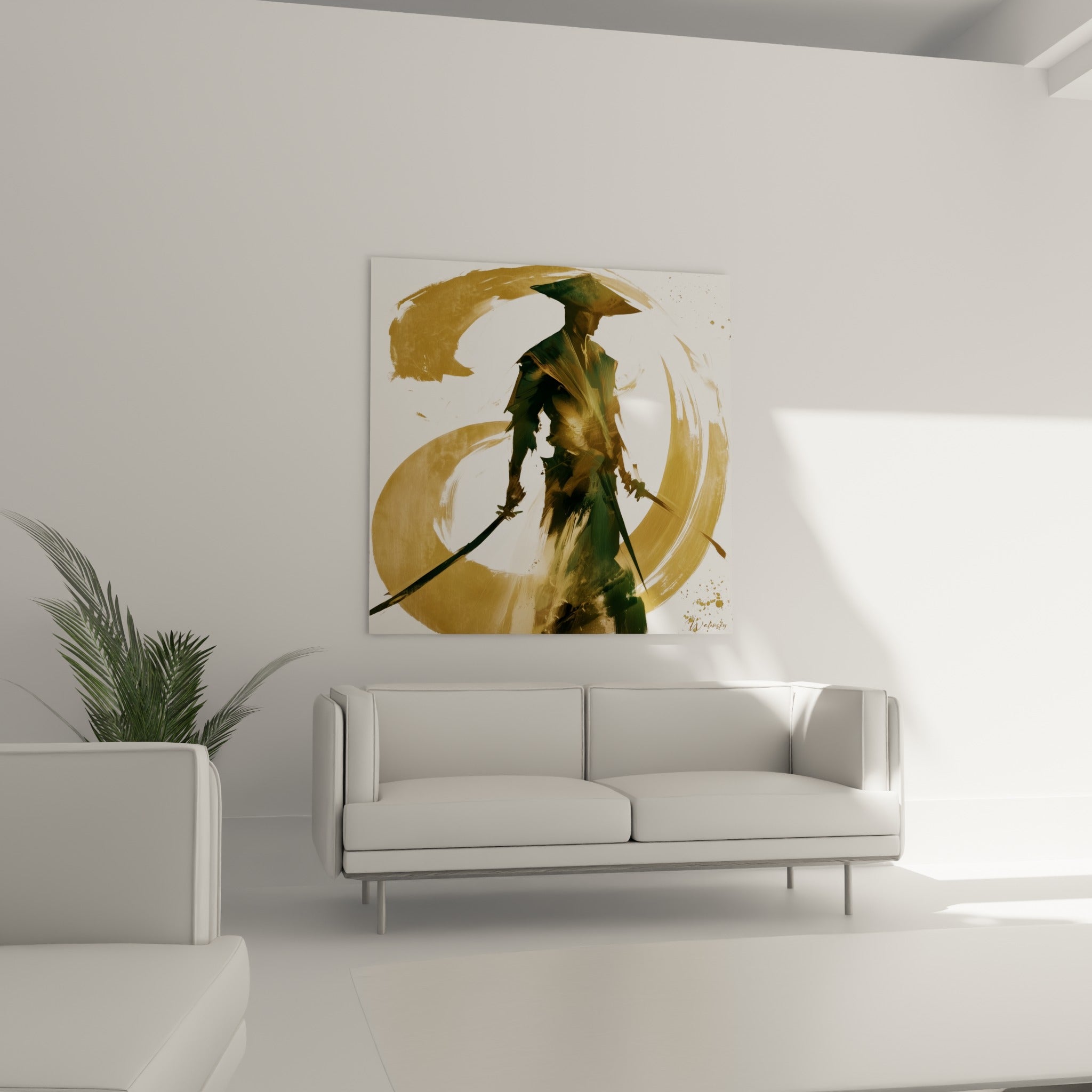 Silhouette du Samouraï anthracite traversée d'un geste doré circulaire, au-dessus d'un canapé dans un salon lumineux