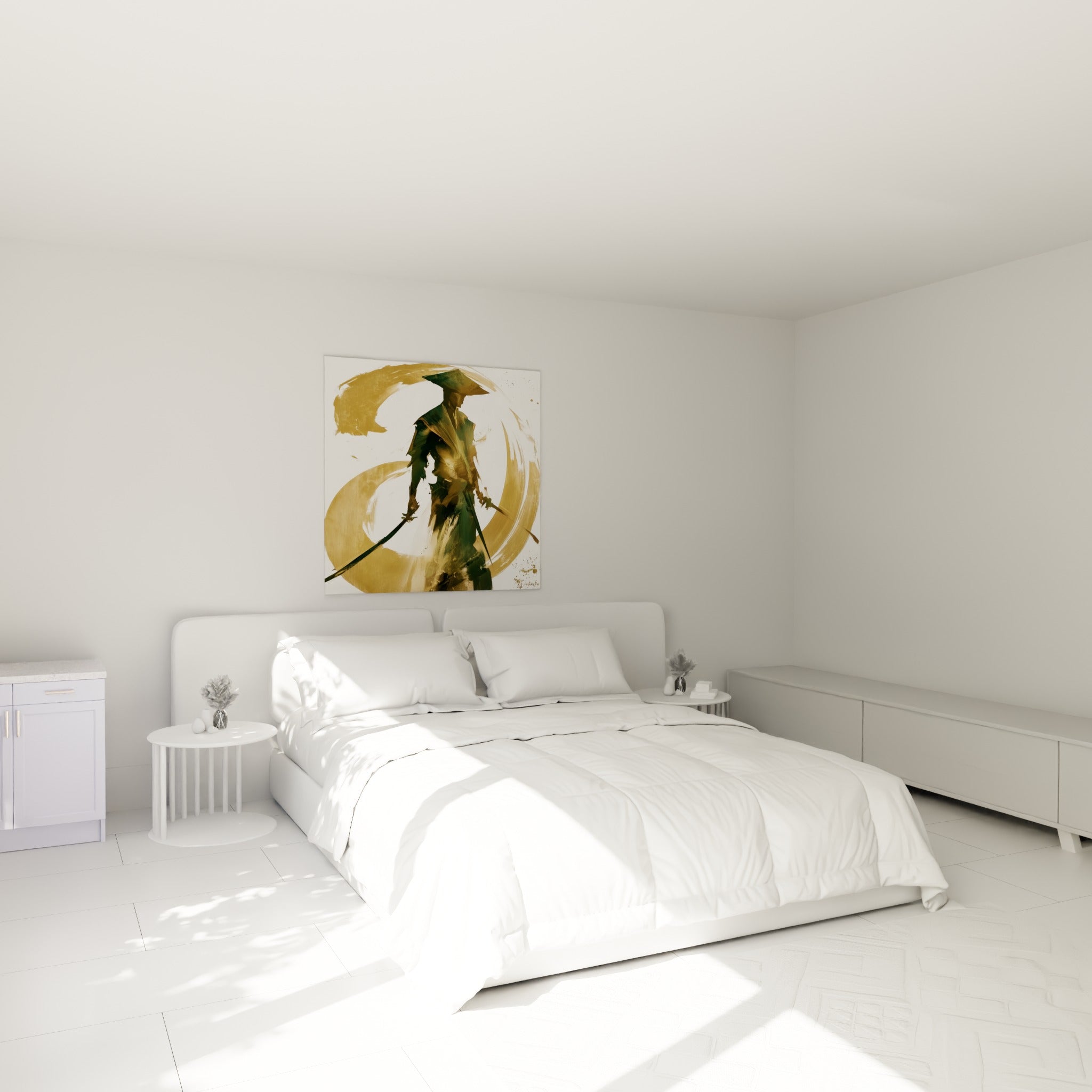 Guerrier Samouraï en vert profond et doré, sabres à la main, au-dessus d'un lit dans une chambre claire